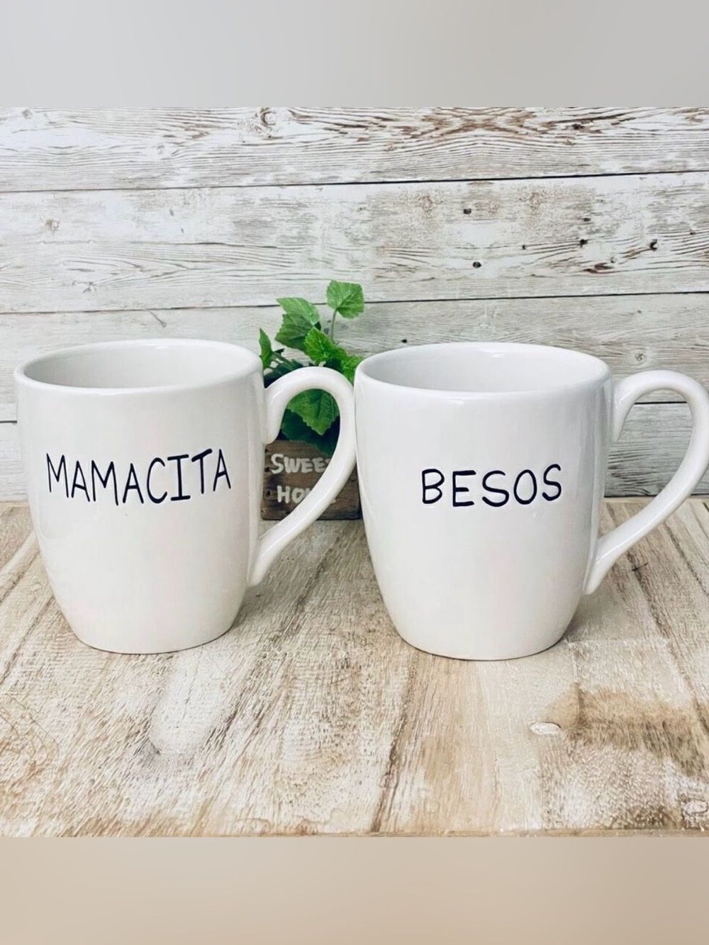 NWT 1872 Gorgeous 2 Pc White Black letters MAMACITA BESOS Glissy Ceramic Mug Set